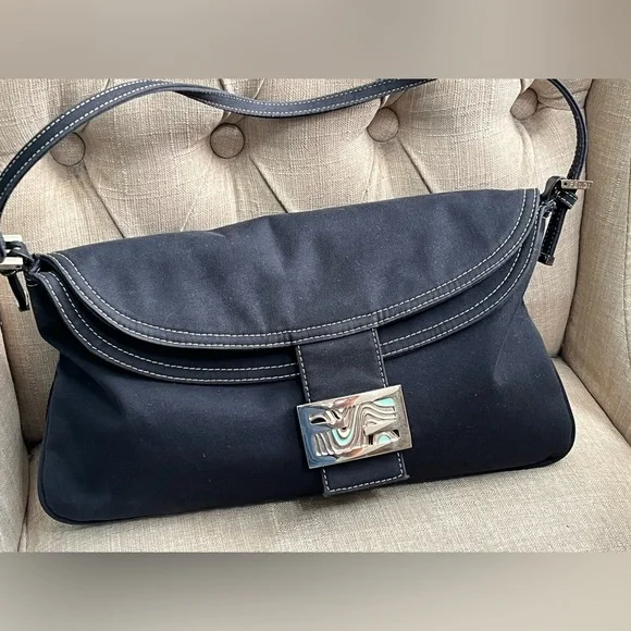 Fendi Navy Blue Fold-Over Baguette Bag - Picture 3 of 15